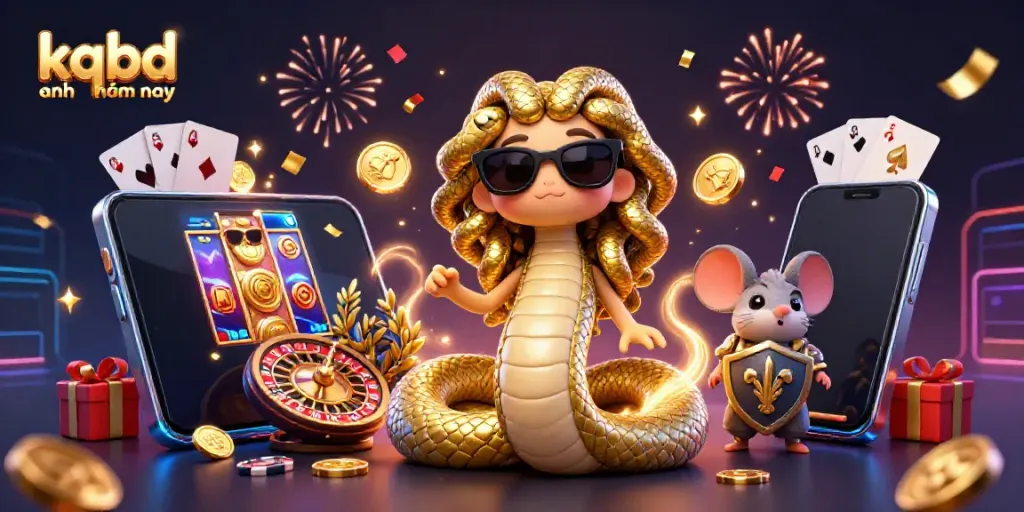 Witness the excitement of kqbd anh hôm nay with a cartoon Medusa, warrior mouse, and gaming elements.