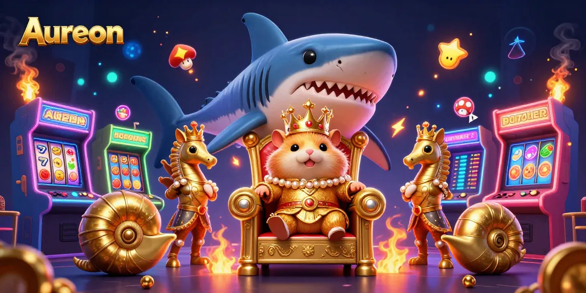 Aureon casino captivates players with a golden hamster king on a shark throne amidst exhilarating gaming elements.