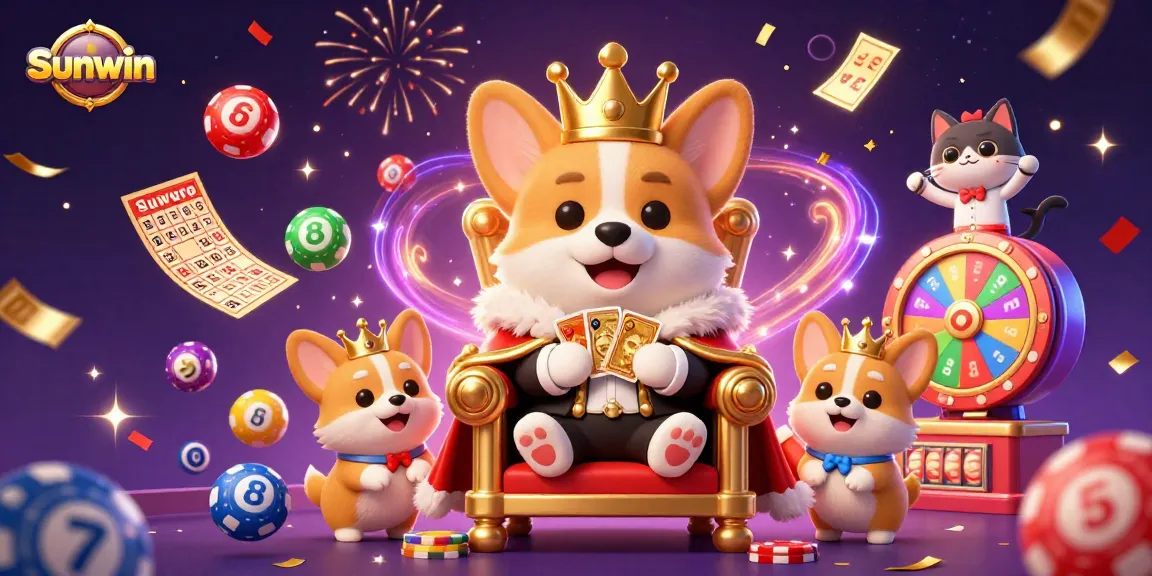 Experience the thrill of Sunwin in a vibrant casino scene featuring a royal corgi and playful elements.